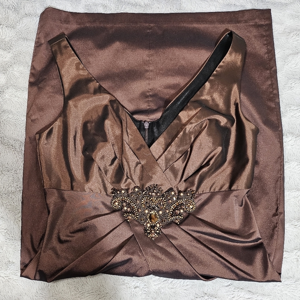 David Meister Brown Copper Bronze Cocktail Dress Beaded 6 - Picture 10 of 16